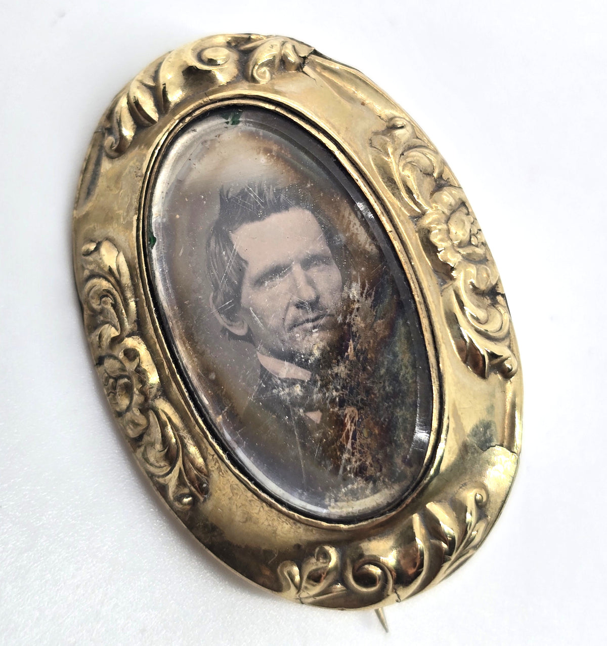 Gold filled Antique Daguerreotype portrait man mourning memento mori brooch