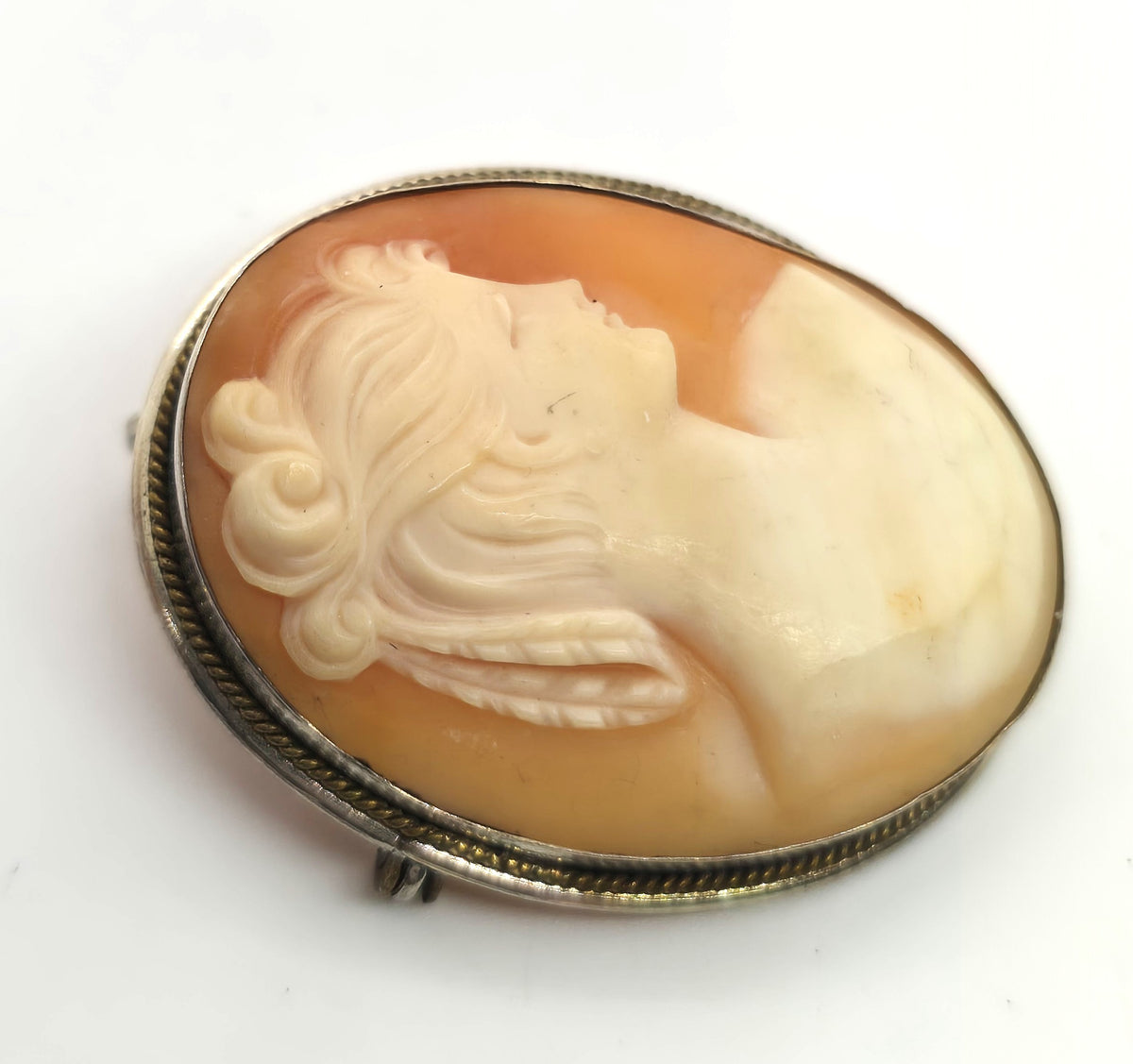 Cameo hand carved shell sterling silver vintage pendant brooch 800