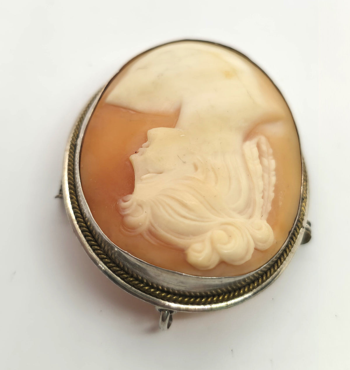 Cameo hand carved shell sterling silver vintage pendant brooch 800
