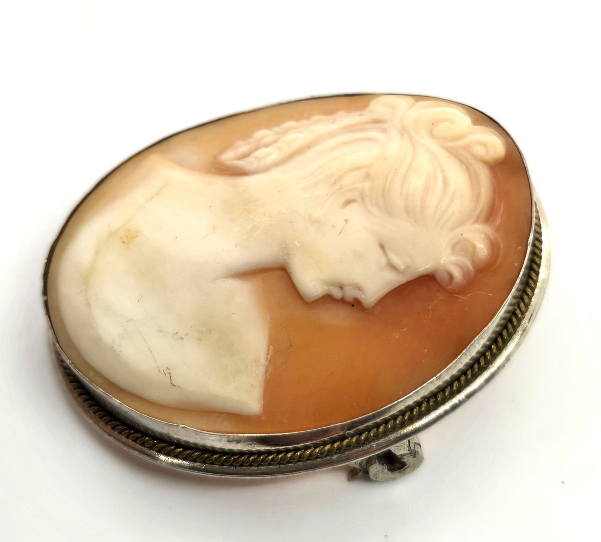 Cameo hand carved shell sterling silver vintage pendant brooch 800