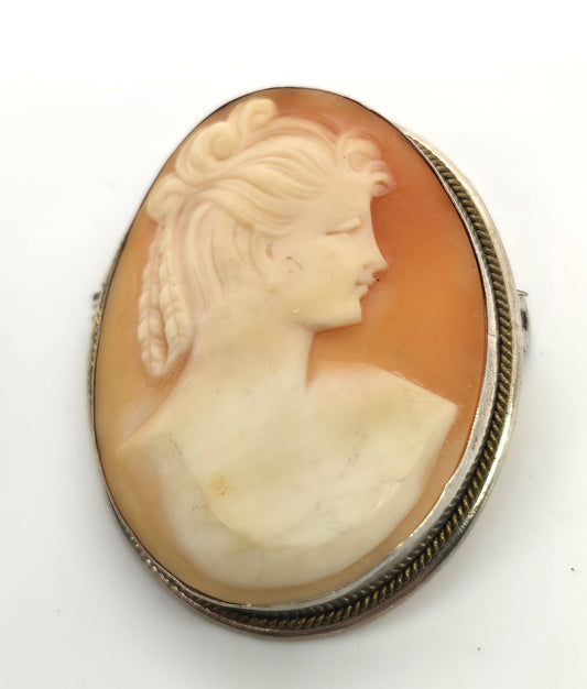 Cameo hand carved shell sterling silver vintage pendant brooch 800