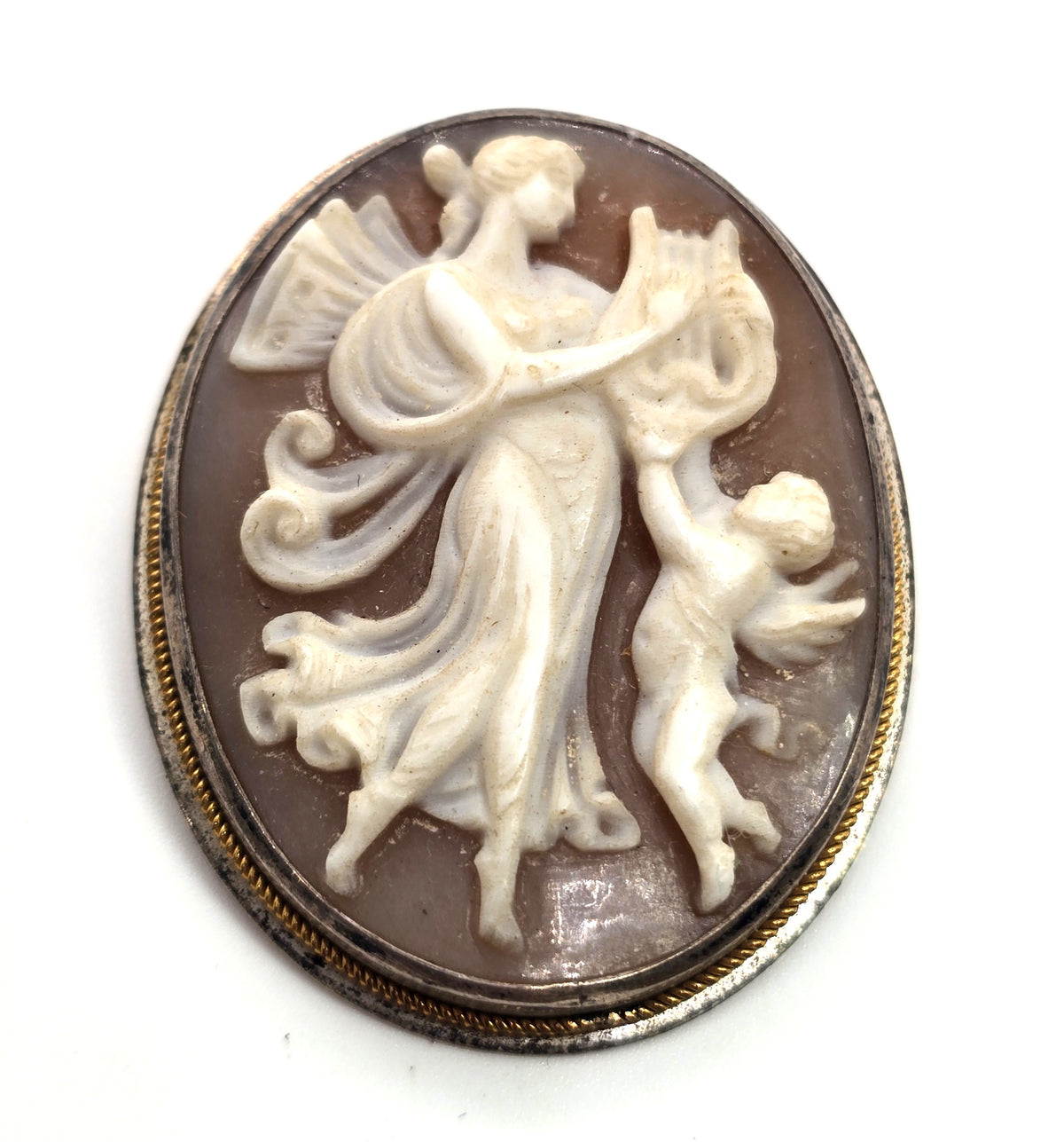 Victorian Cameo angel cherub carved shell sterling silver vintage pendant brooch
