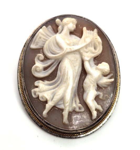 Victorian Cameo angel cherub carved shell sterling silver vintage pendant brooch