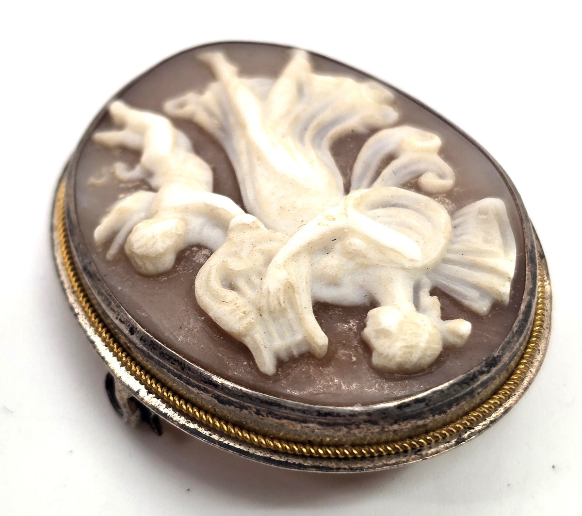 Victorian Cameo angel cherub carved shell sterling silver vintage pendant brooch