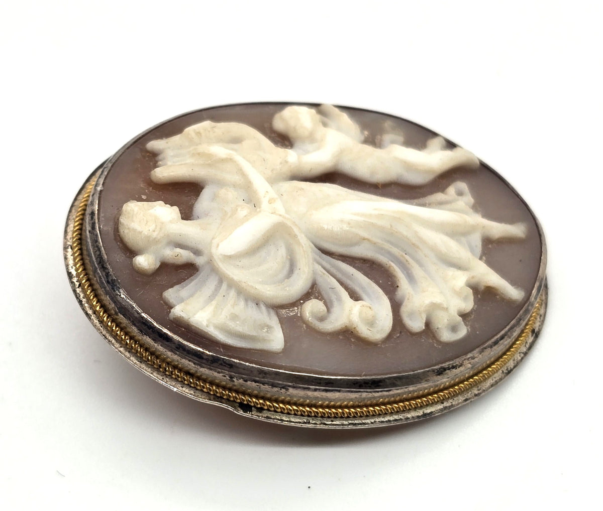 Victorian Cameo angel cherub carved shell sterling silver vintage pendant brooch
