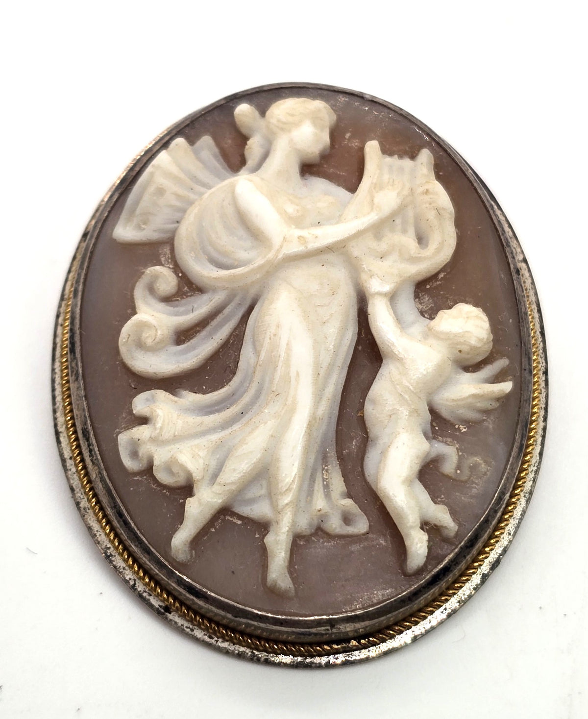 Victorian Cameo angel cherub carved shell sterling silver vintage pendant brooch