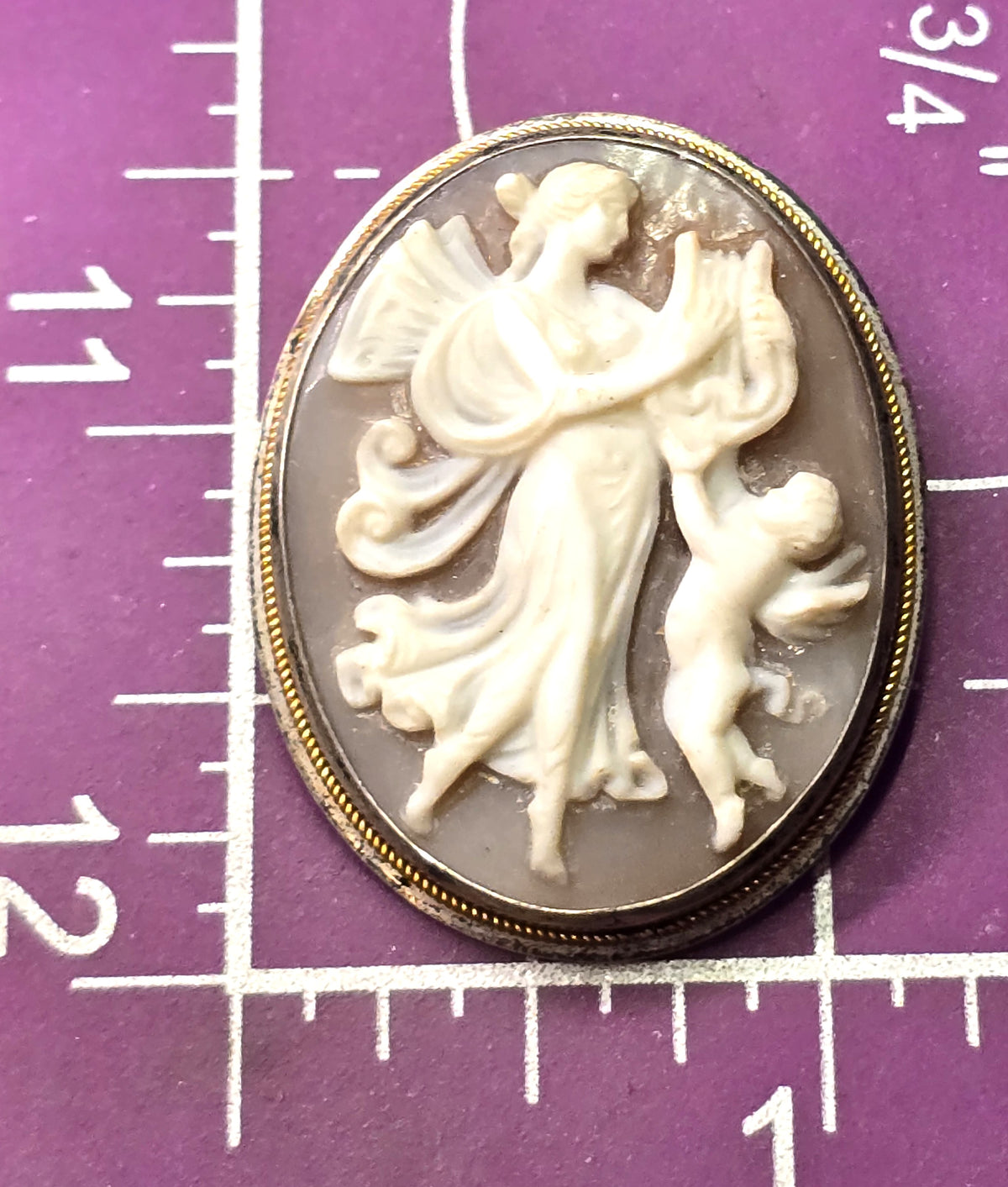 Victorian Cameo angel cherub carved shell sterling silver vintage pendant brooch