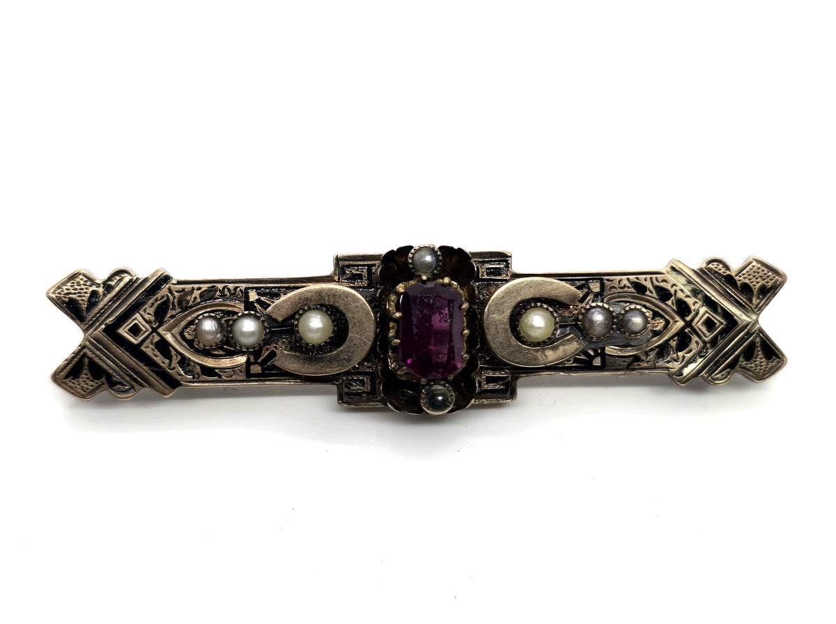 Taille d'épargne antique Victorian seed pearl pink mourning brooch Memento Mori