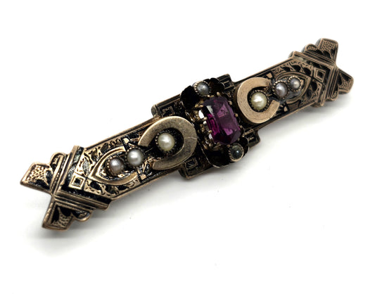 Taille d'épargne antique Victorian seed pearl pink mourning brooch Memento Mori