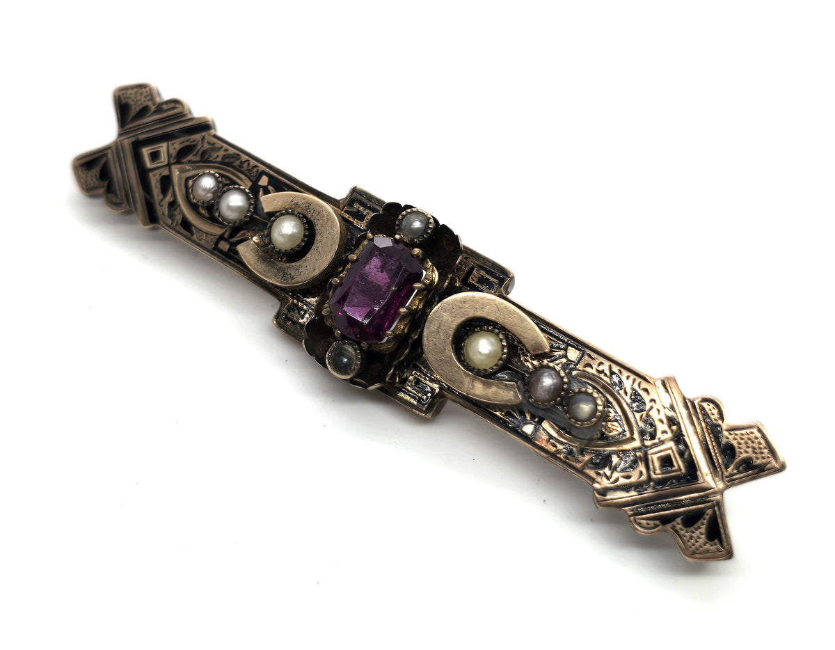 Taille d'épargne antique Victorian seed pearl pink mourning brooch Memento Mori