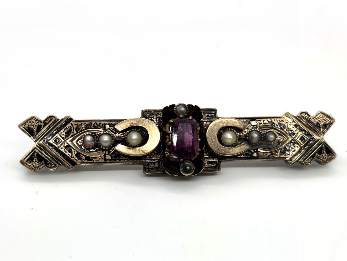 Taille d'épargne antique Victorian seed pearl pink mourning brooch Memento Mori