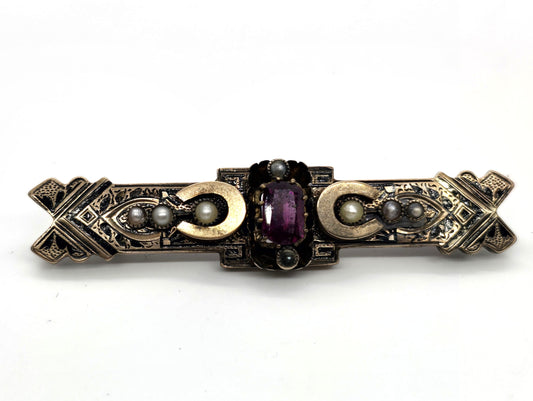 Taille d'épargne antique Victorian seed pearl pink mourning brooch Memento Mori