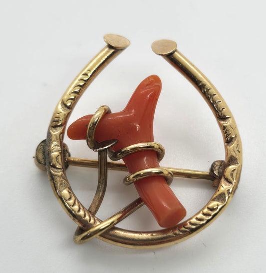 Uncas Horseshoe 12k Gold Filled Antique red coral Victorian antique signed brooch