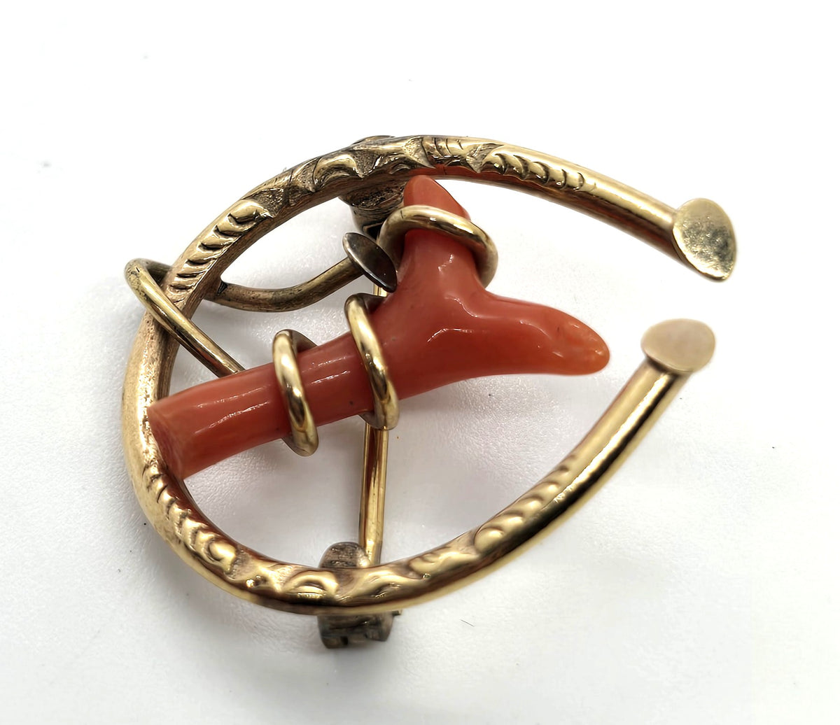 Uncas Horseshoe 12k Gold Filled Antique red coral Victorian antique signed brooch