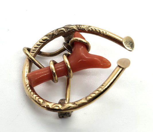 Uncas Horseshoe 12k Gold Filled Antique red coral Victorian antique signed brooch