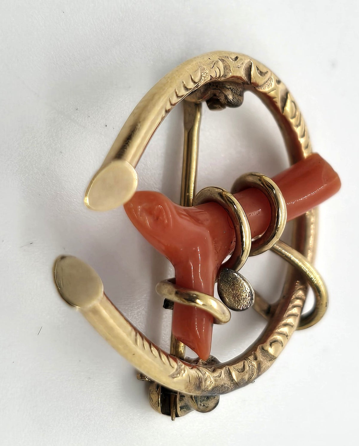 Uncas Horseshoe 12k Gold Filled Antique red coral Victorian antique signed brooch