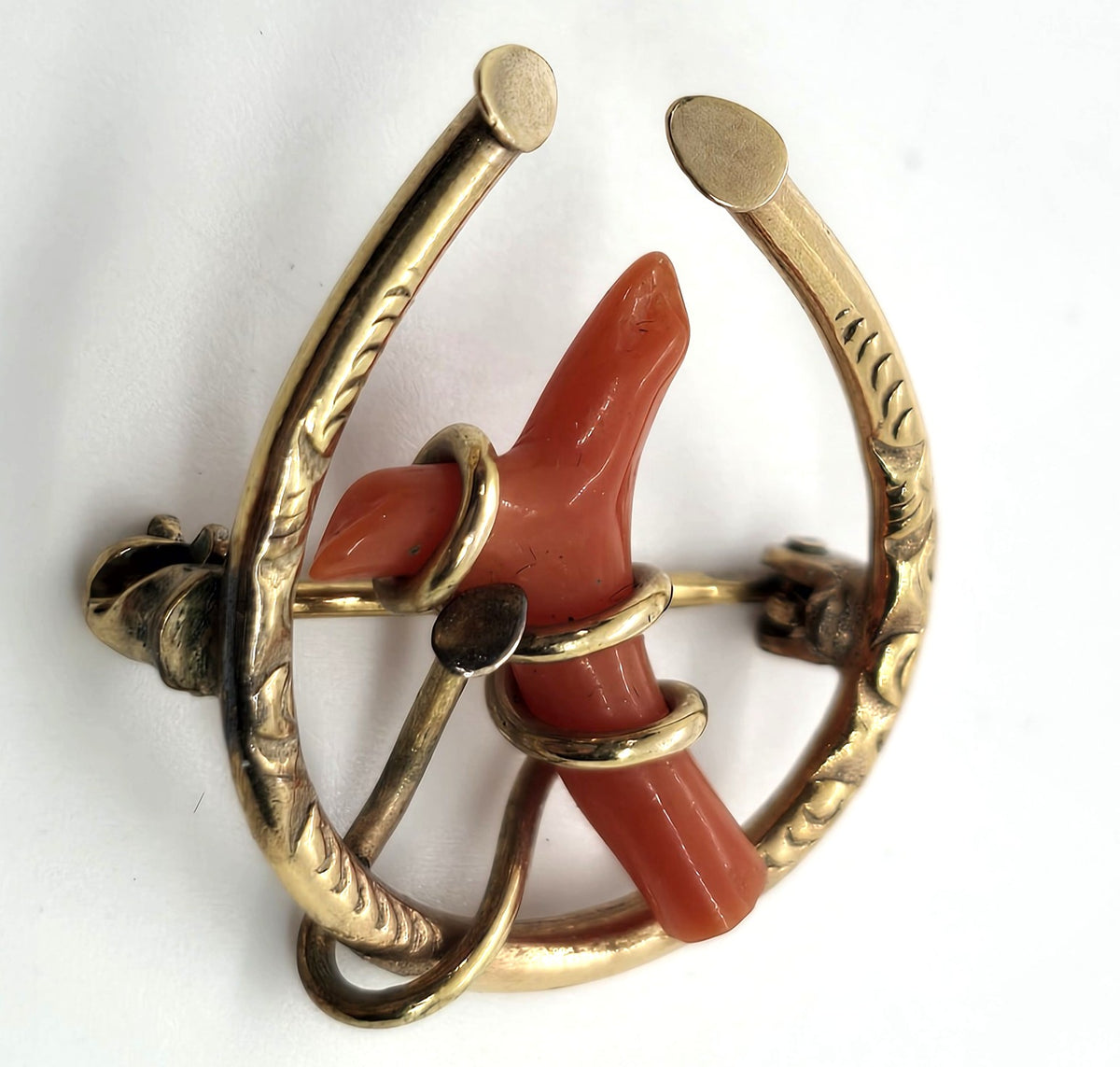Uncas Horseshoe 12k Gold Filled Antique red coral Victorian antique signed brooch