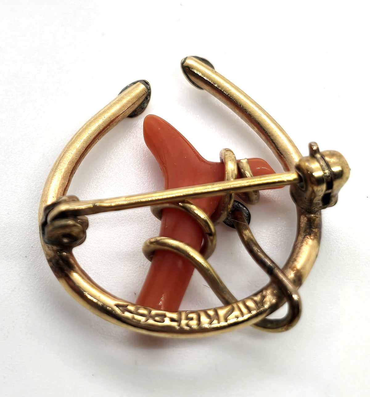 Uncas Horseshoe 12k Gold Filled Antique red coral Victorian antique signed brooch