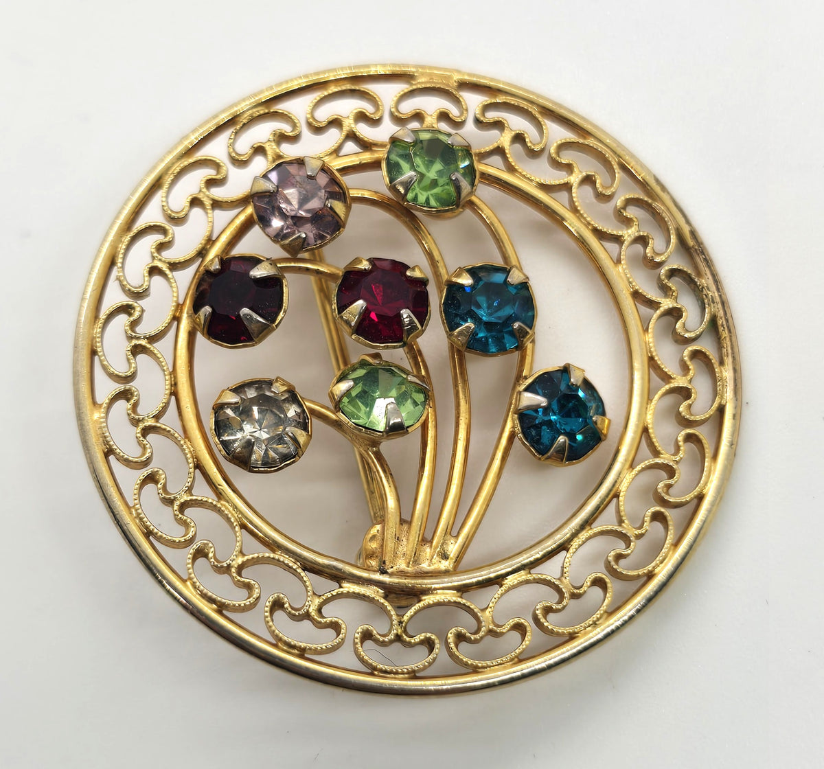 Carla Uranium glass rhinestone 12k yellow Gold filled vintage signed brooch
