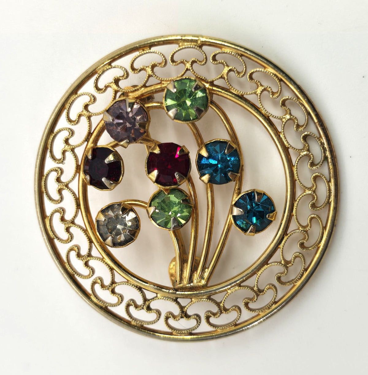 Carla Uranium glass rhinestone 12k yellow Gold filled vintage signed brooch