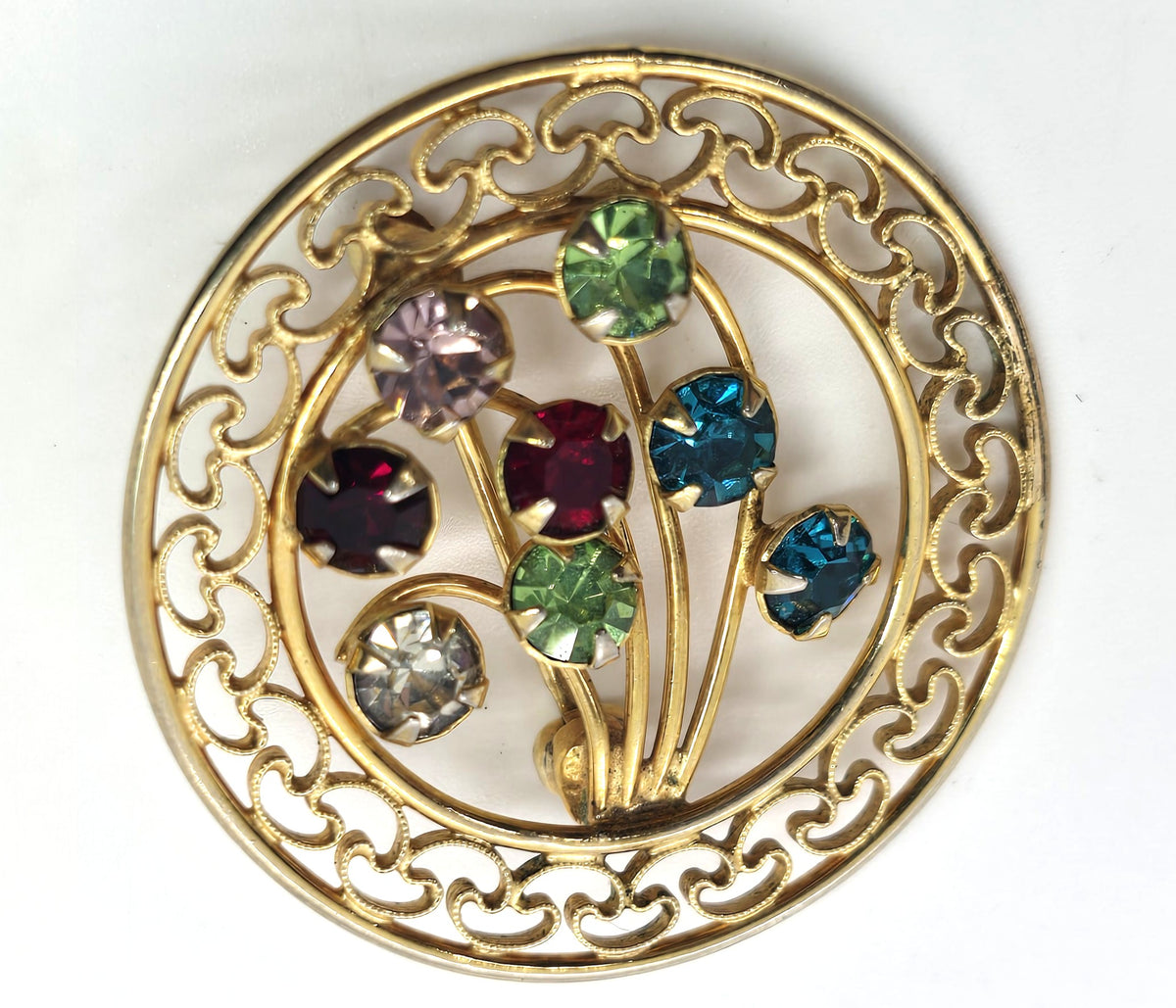 Carla Uranium glass rhinestone 12k yellow Gold filled vintage signed brooch