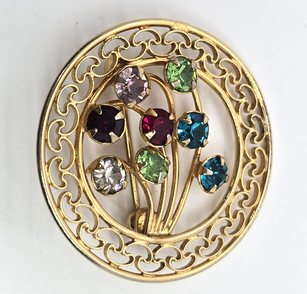 Carla Uranium glass rhinestone 12k yellow Gold filled vintage signed brooch