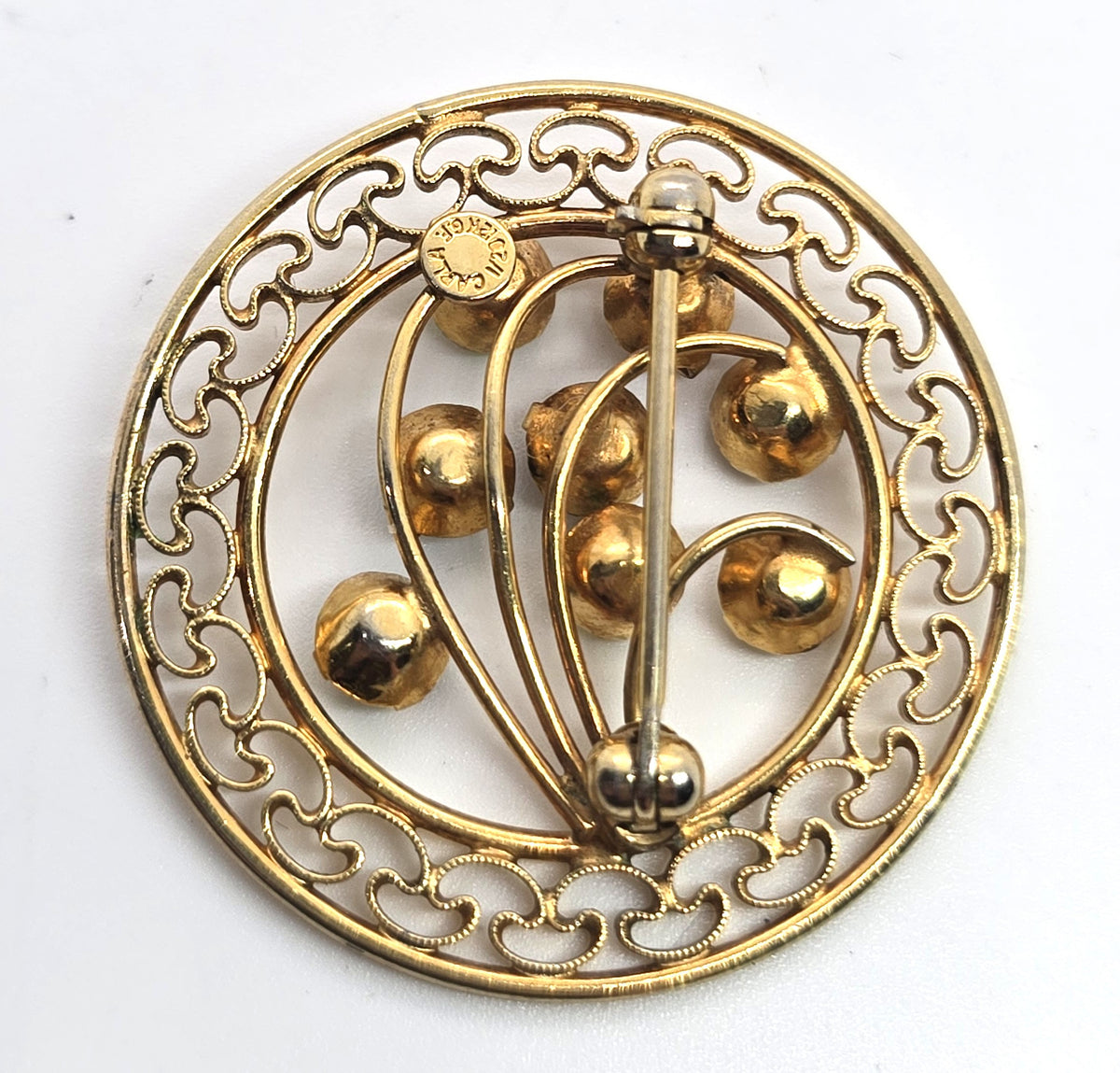 Carla Uranium glass rhinestone 12k yellow Gold filled vintage signed brooch