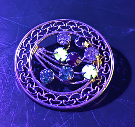 Carla Uranium glass rhinestone 12k yellow Gold filled vintage signed brooch
