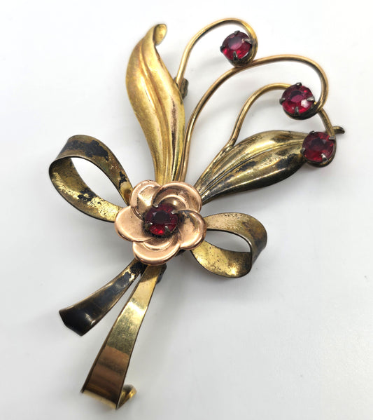 Harry Iskin Modernist vintage red rhinestone flower gold filled brooch