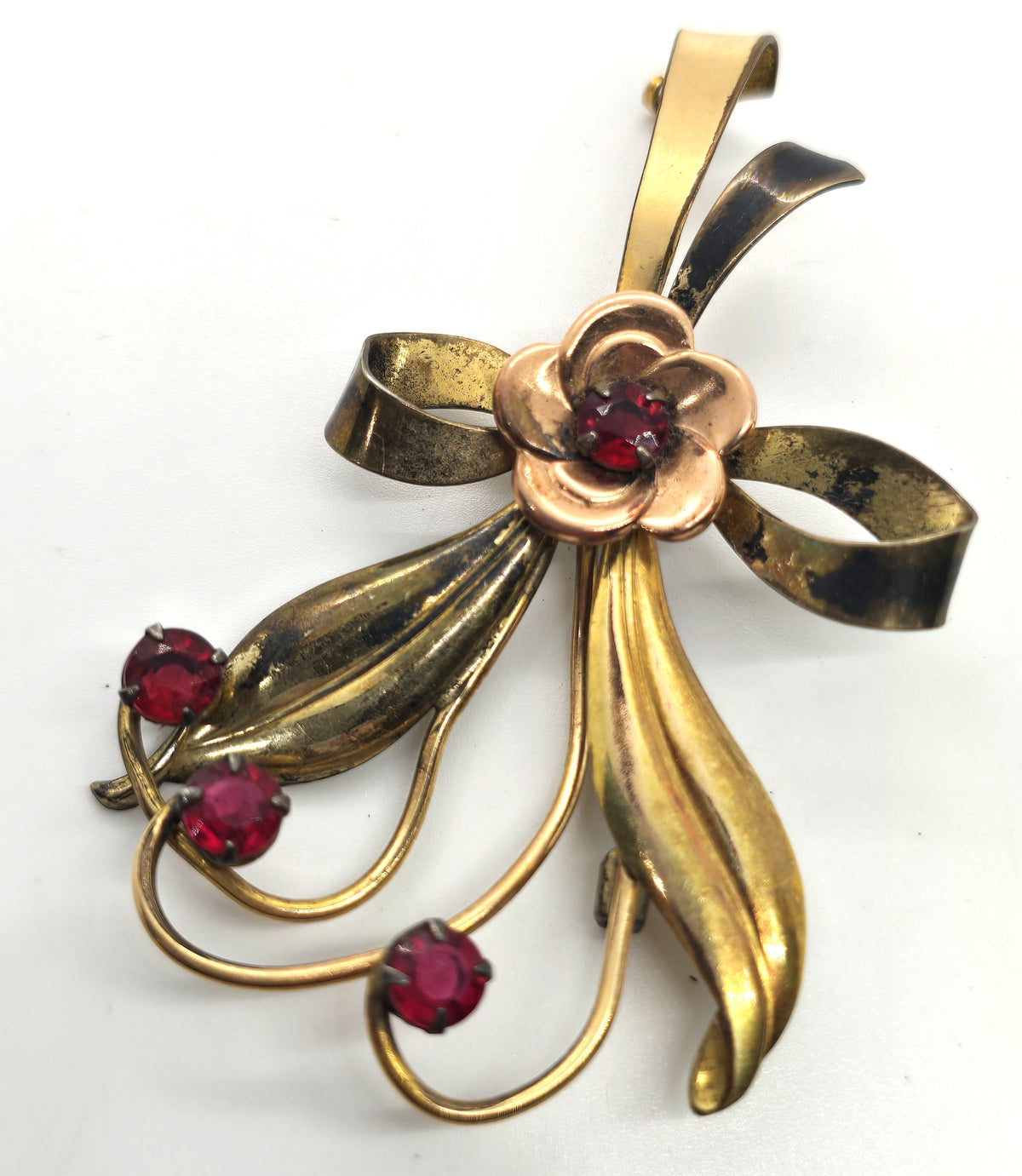 Harry Iskin Modernist vintage red rhinestone flower gold filled brooch