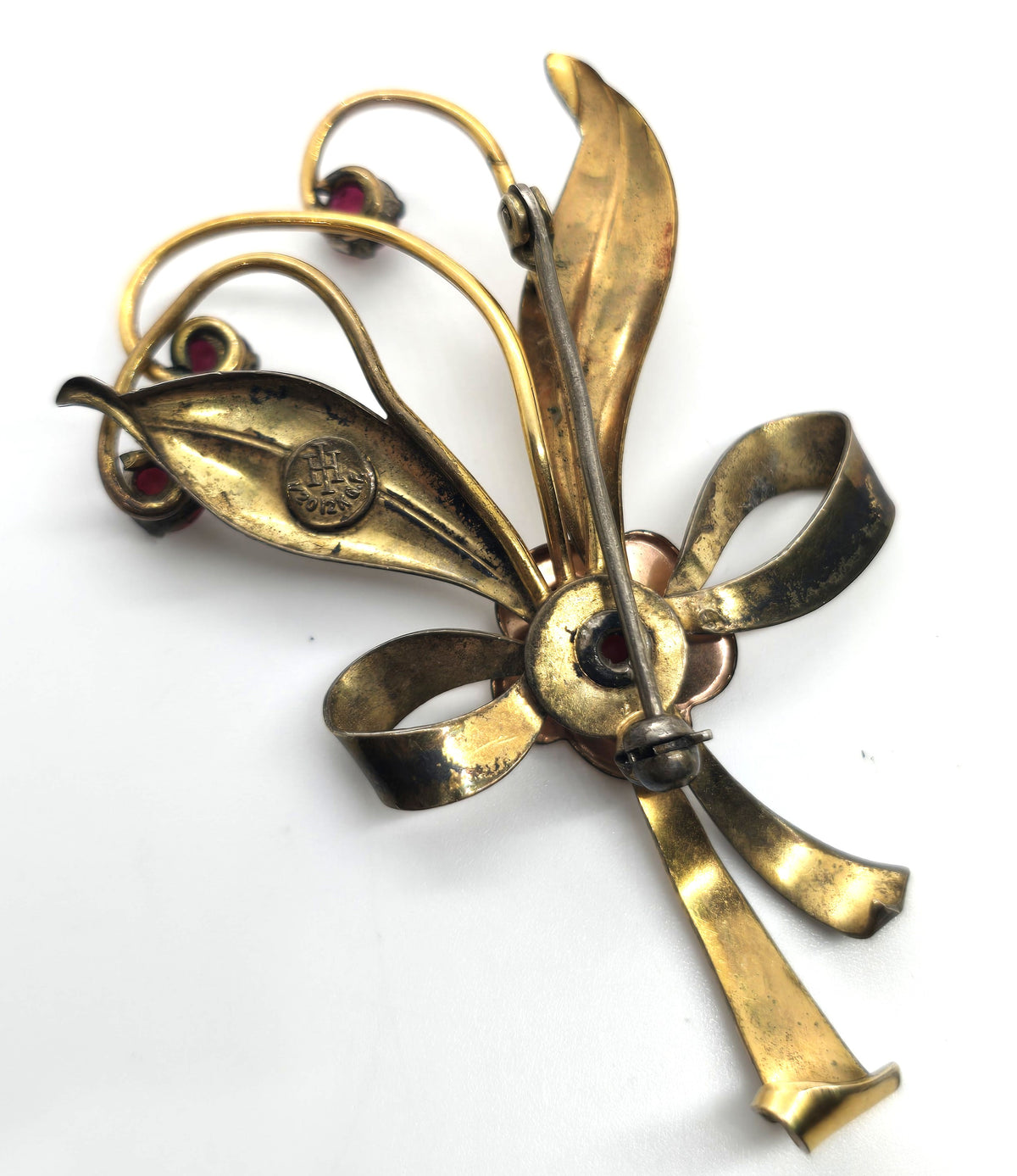 Harry Iskin Modernist vintage red rhinestone flower gold filled brooch