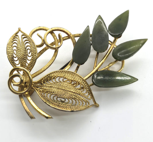Jade leaf petal gemstone vintage gold toned leaf mid century brooch