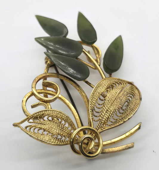 Jade leaf petal gemstone vintage gold toned leaf mid century brooch