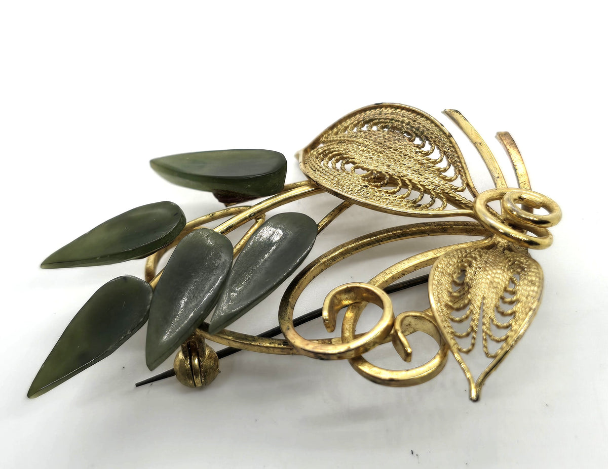 Jade leaf petal gemstone vintage gold toned leaf mid century brooch