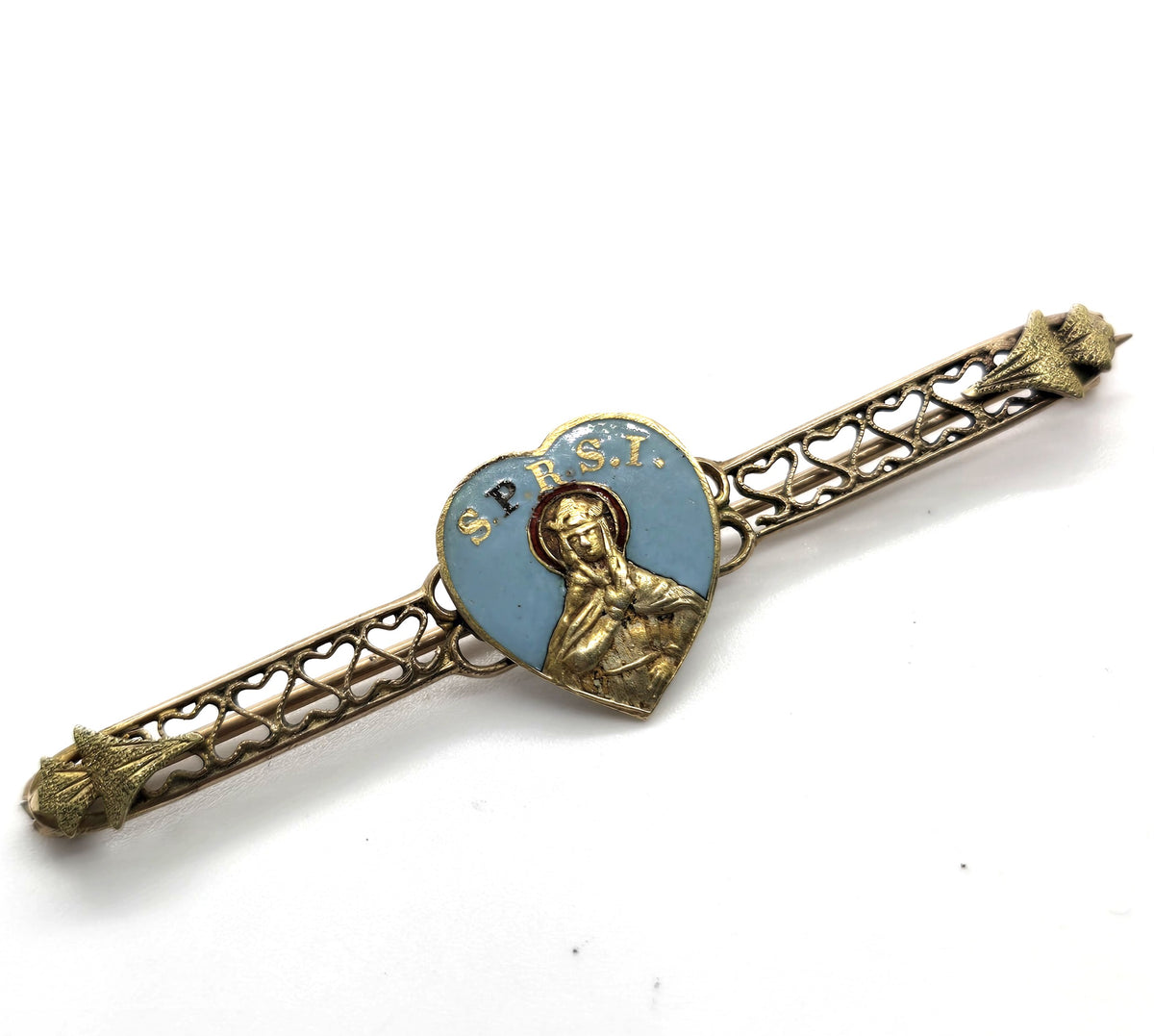 Sociedade Portuesa Rainha Santa Isabel 10k gold enamel heart vintage brooch