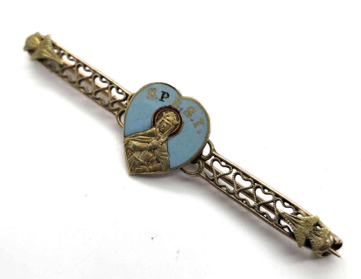 Sociedade Portuesa Rainha Santa Isabel 10k gold enamel heart vintage brooch