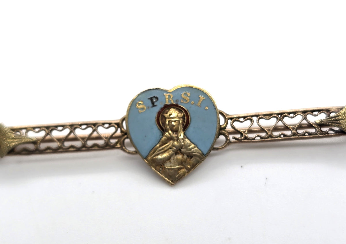 Sociedade Portuesa Rainha Santa Isabel 10k gold enamel heart vintage brooch