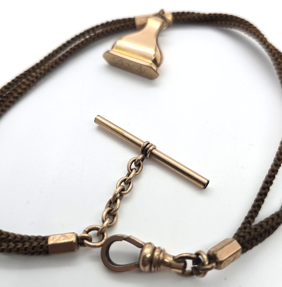 Antique Victorian double braided hair mourning gold filled watch chain T Bar