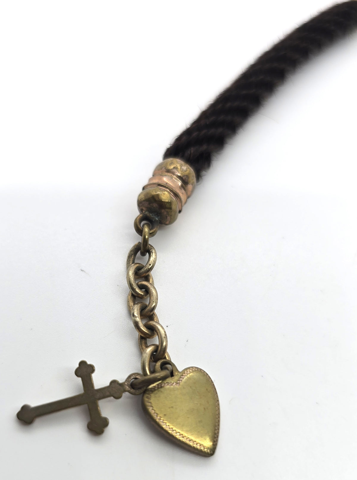 Antique Victorian braided hair mourning gold filled watch chain cross heart