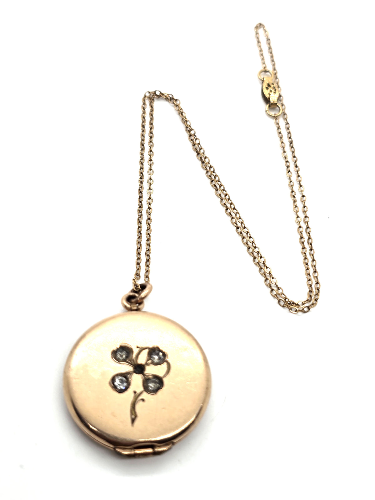 Antique Victorian lucky gold filled 4 leaf clover paste etched locket necklace