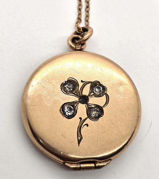 Antique Victorian lucky gold filled 4 leaf clover paste etched locket necklace