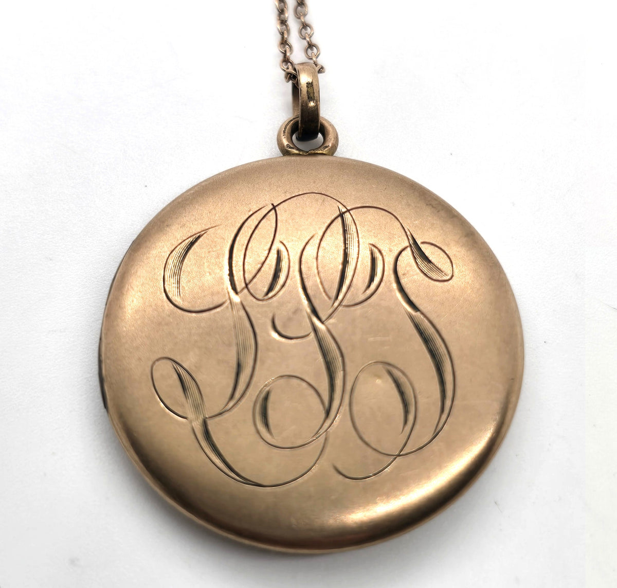 Antique Victorian etched monogram LSS gold filled locket necklace
