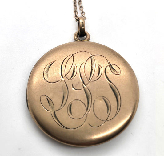 Antique Victorian etched monogram LSS gold filled locket necklace