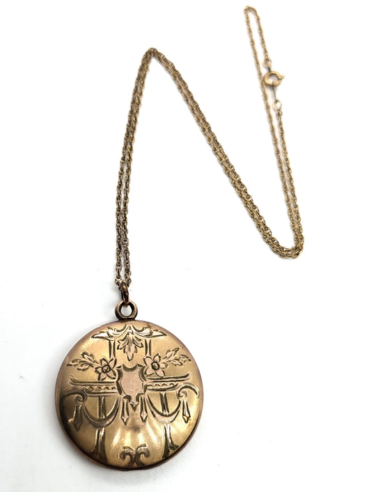 Antique Art Nouveau etched monogram M gold filled locket necklace