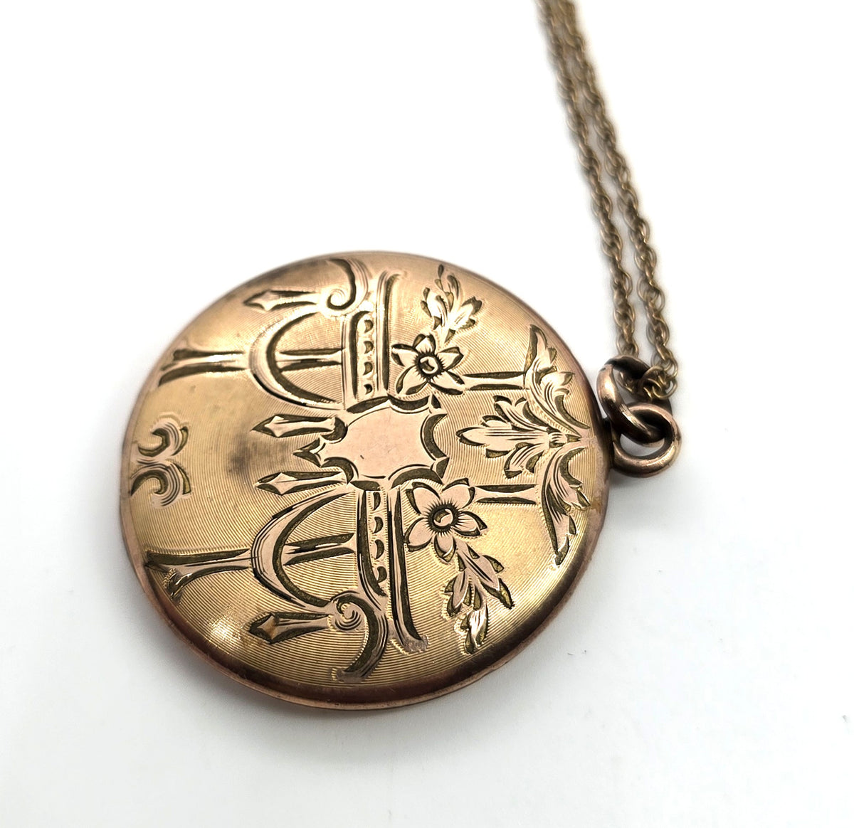 Antique Art Nouveau etched monogram M gold filled locket necklace
