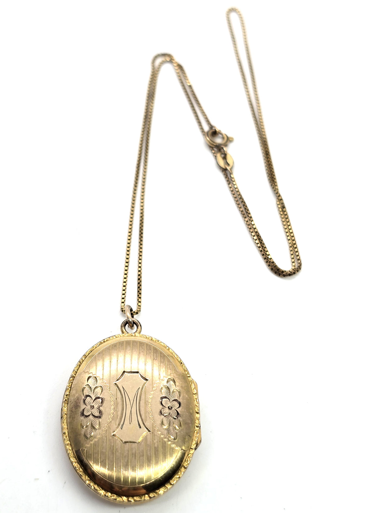 JHH 12k Gold filled etched flower locket mid century photo necklace