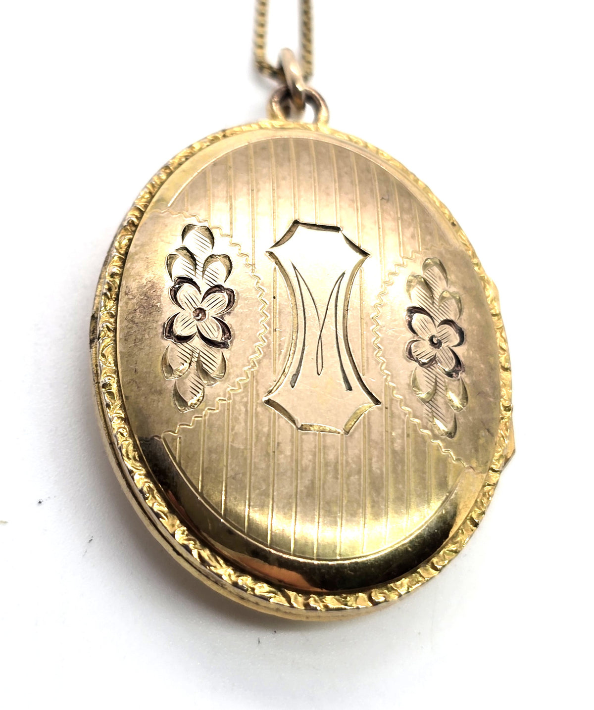 JHH 12k Gold filled etched flower locket mid century photo necklace