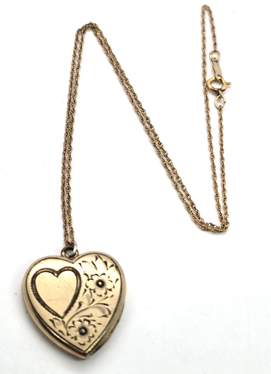 Pittman & Keeler Gold filled etched heart flower locket vintage photo necklace PK