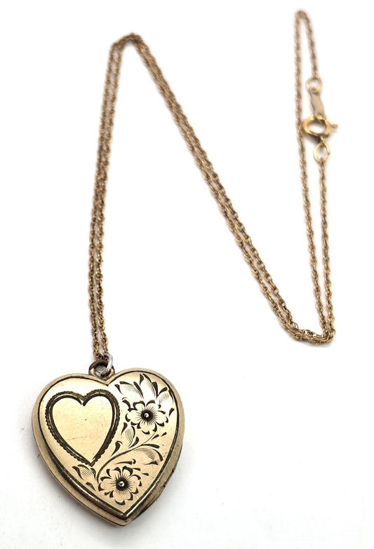 Pittman & Keeler Gold filled etched heart flower locket vintage photo necklace PK