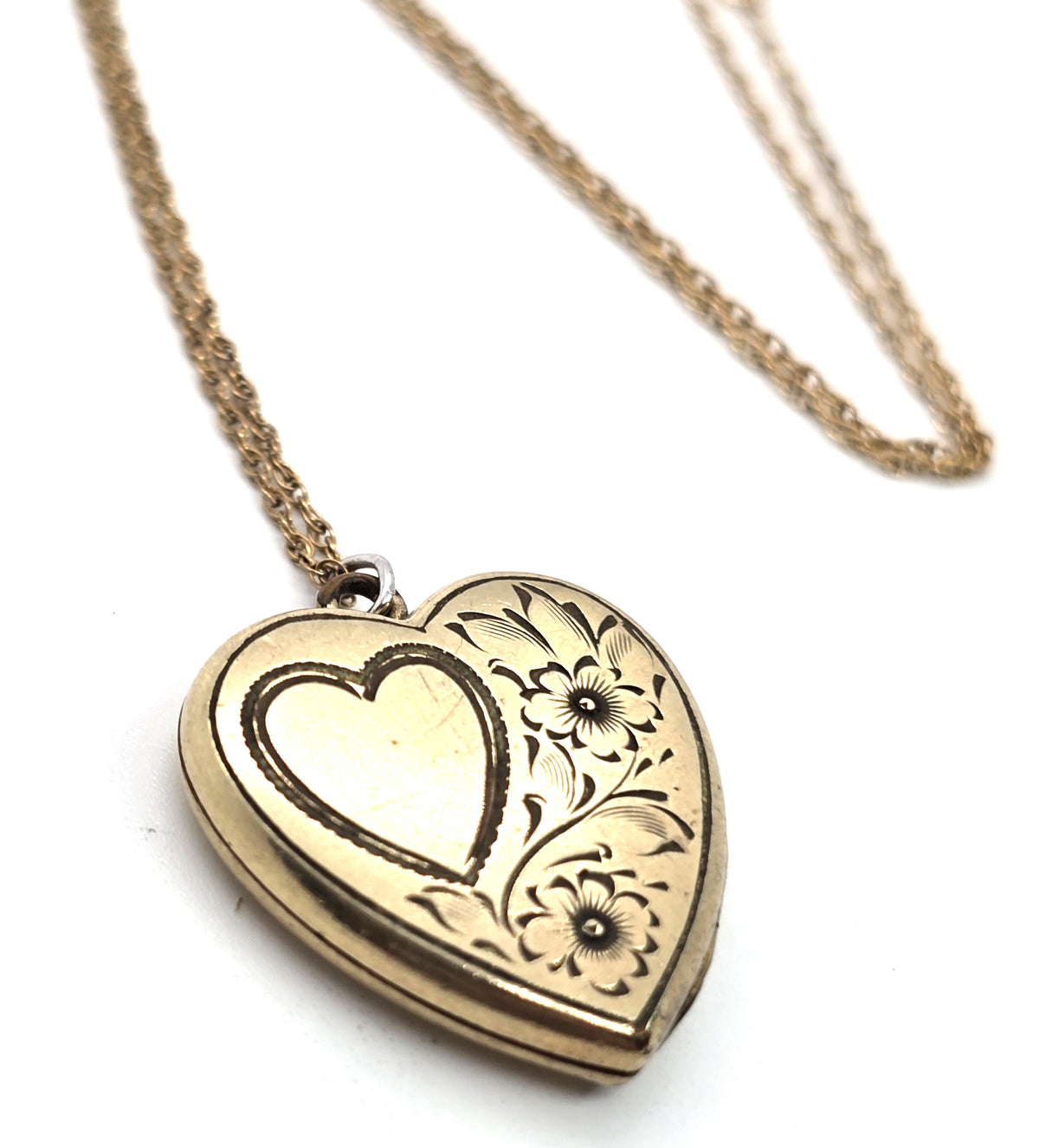 Pittman & Keeler Gold filled etched heart flower locket vintage photo necklace PK